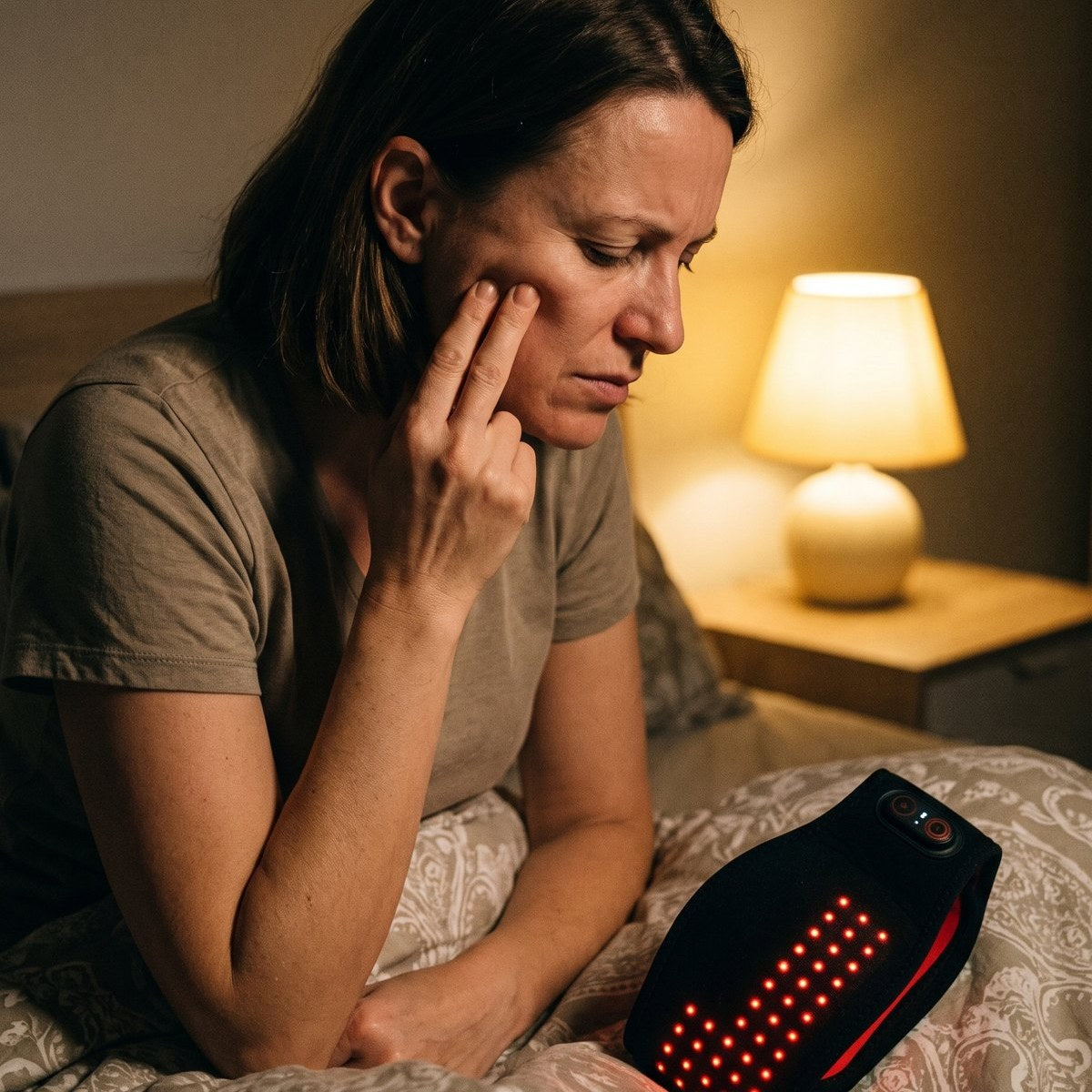 A woman sitting on her bed in the evening with two fingers pressed to her cheek in front of her ear, the jaw pad beside her.
