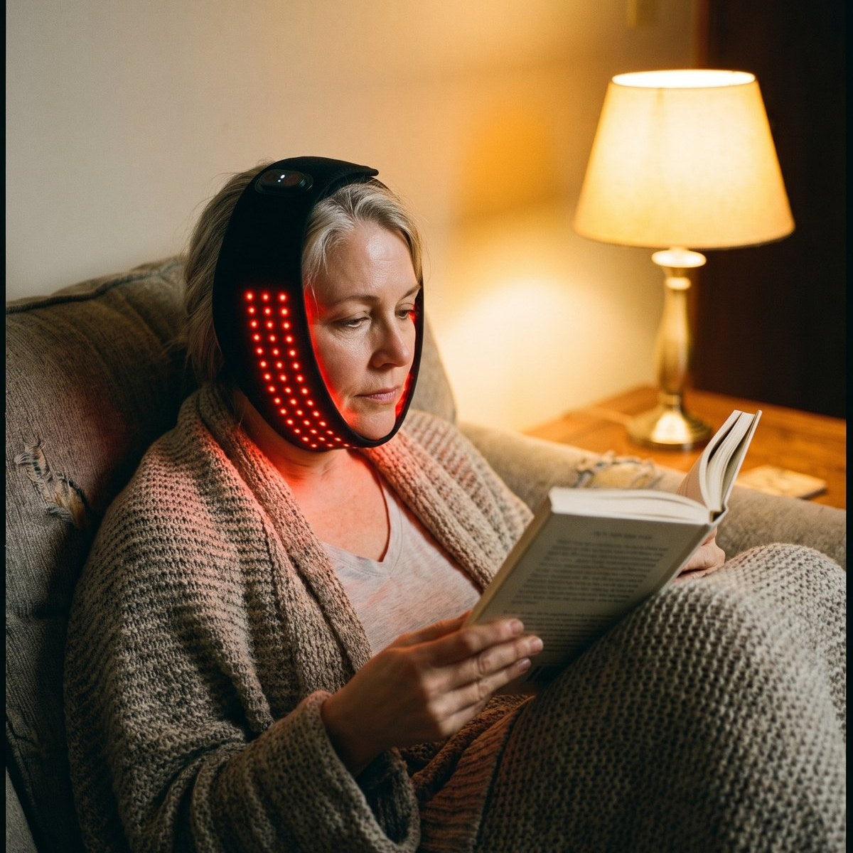 A woman reading on her sofa in the evening, wearing the jaw pad with the red light glowing along her cheek and jaw.