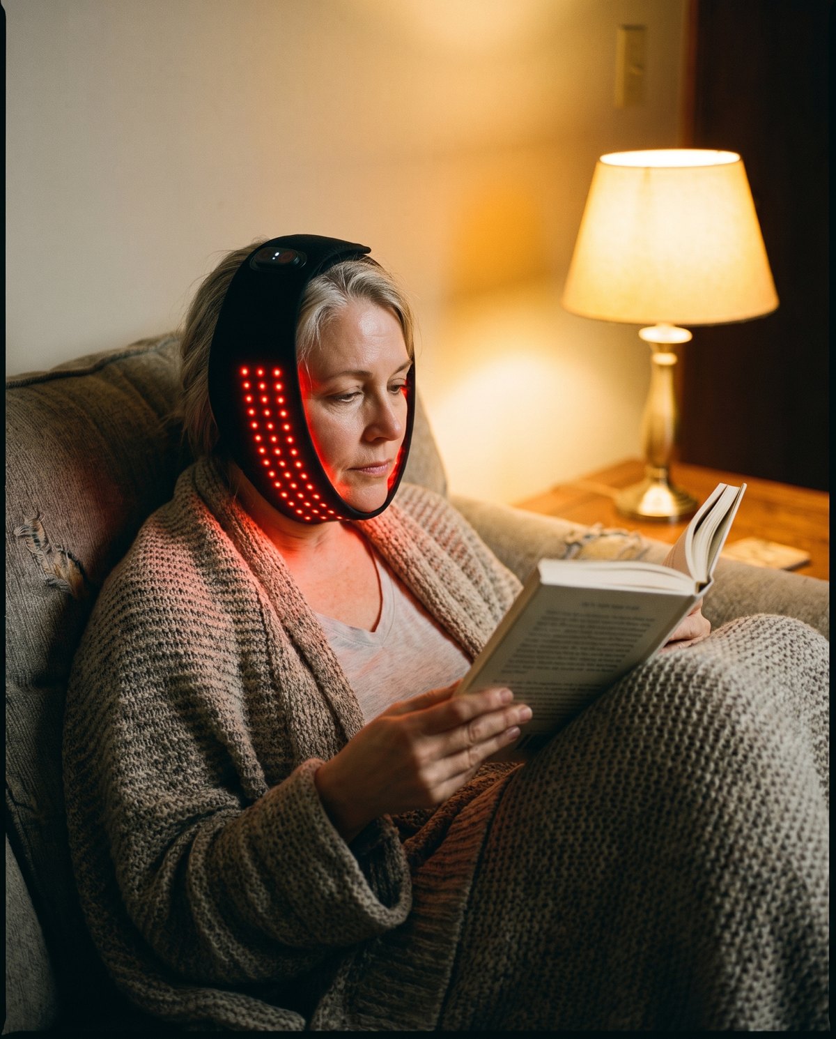 Pick up your book or the remote. The red light stays on the muscle without your hands and switches off when the timer ends, and your evening goes on as normal.