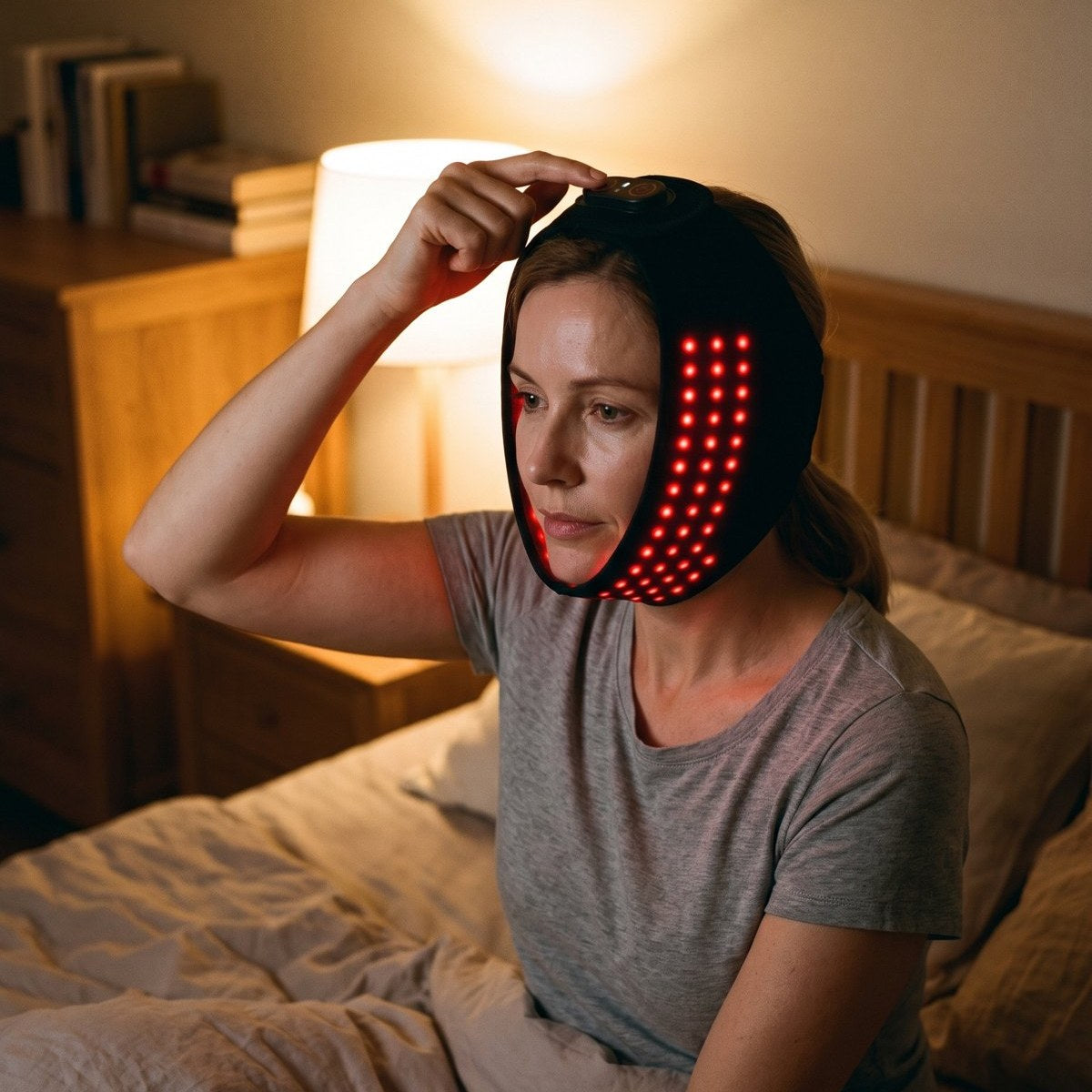 A woman at home in the evening wearing the jaw pad, pressing the button on top of her head