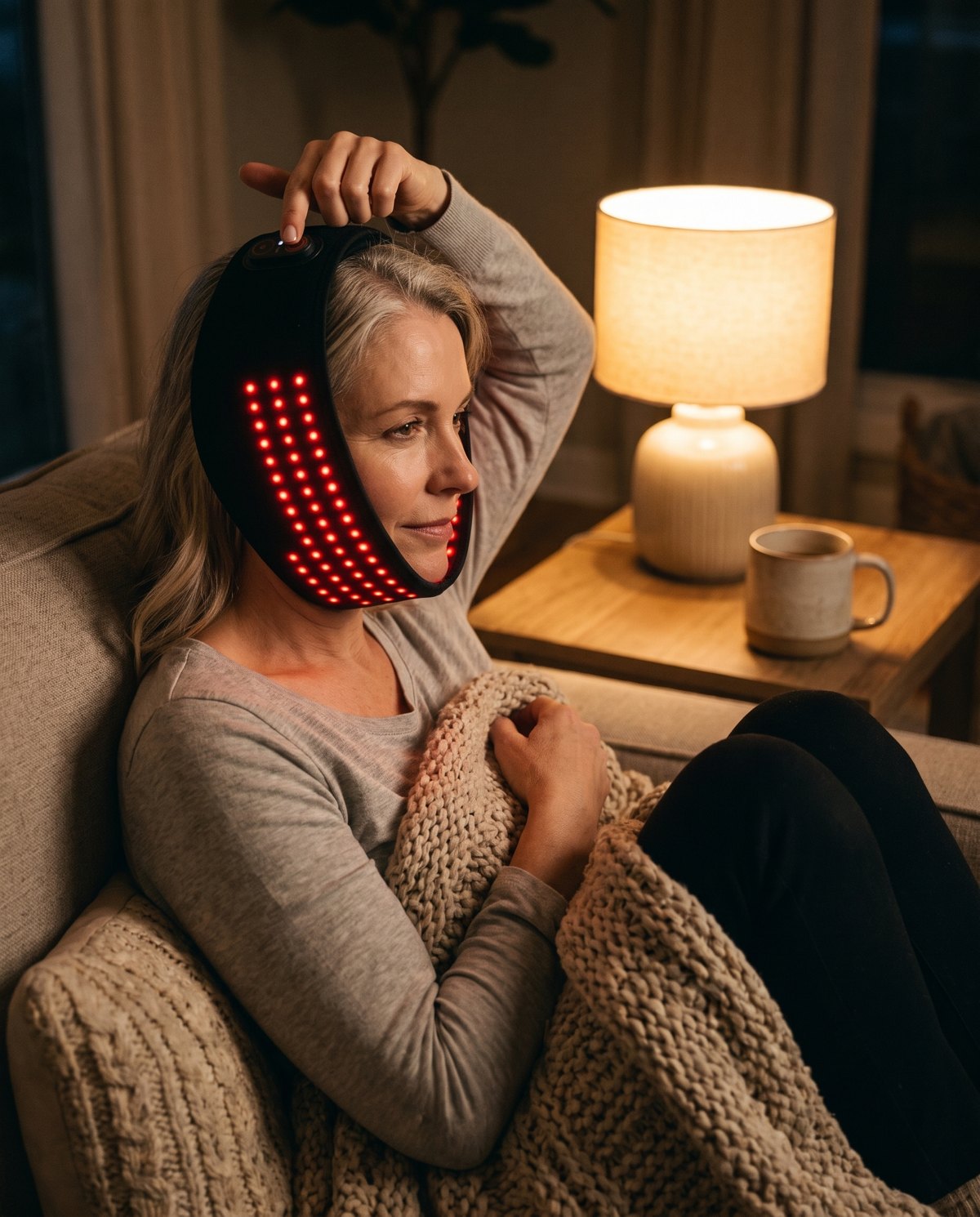 Press the clock button to set the timer, and the flame button if you want gentle warmth. Both buttons are on top of your head.
