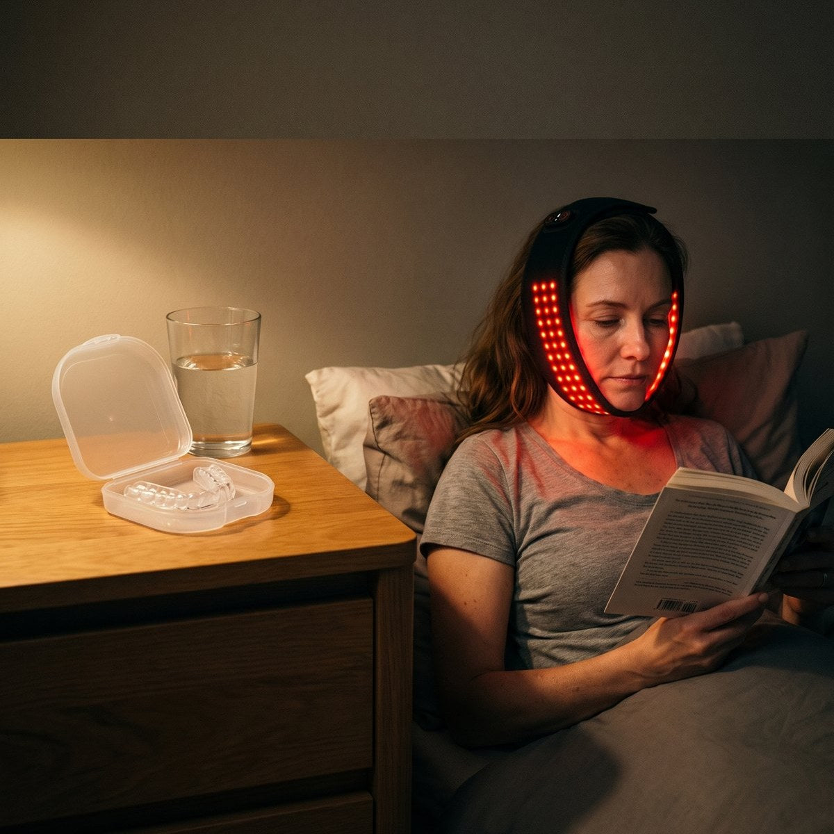 A woman in bed in the evening wearing the lit jaw pad, a book in her hands.