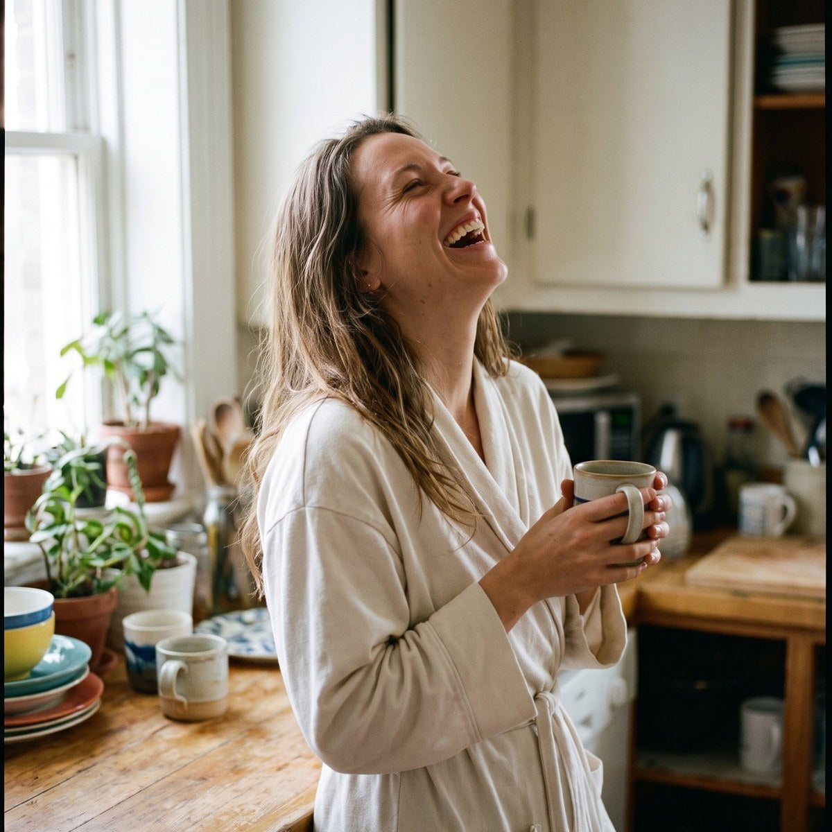 A woman in her kitchen in the morning, laughing with a mug in her hands