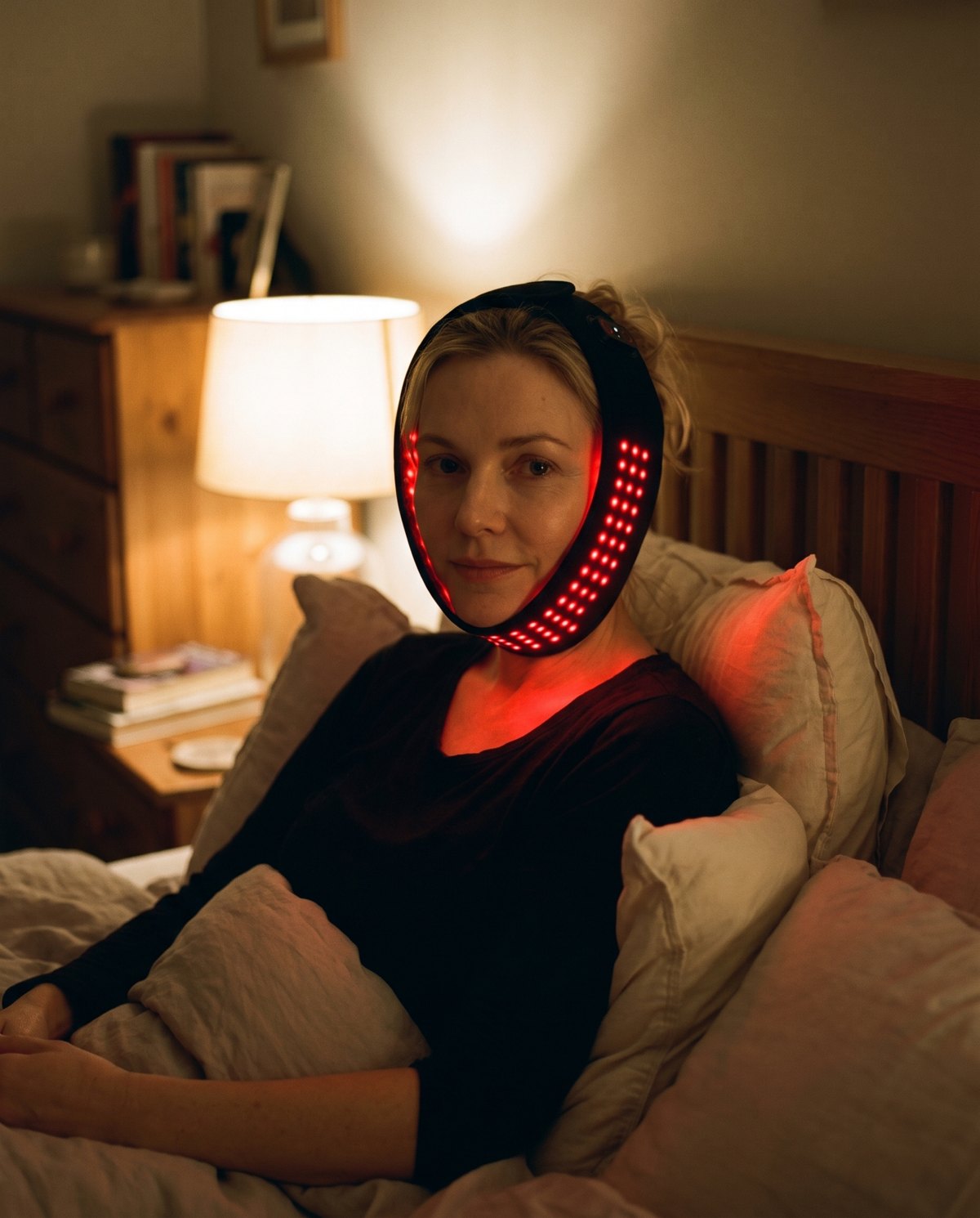 Wrap the strap under your chin and up both cheeks, so the red lights rest on the jaw muscle.