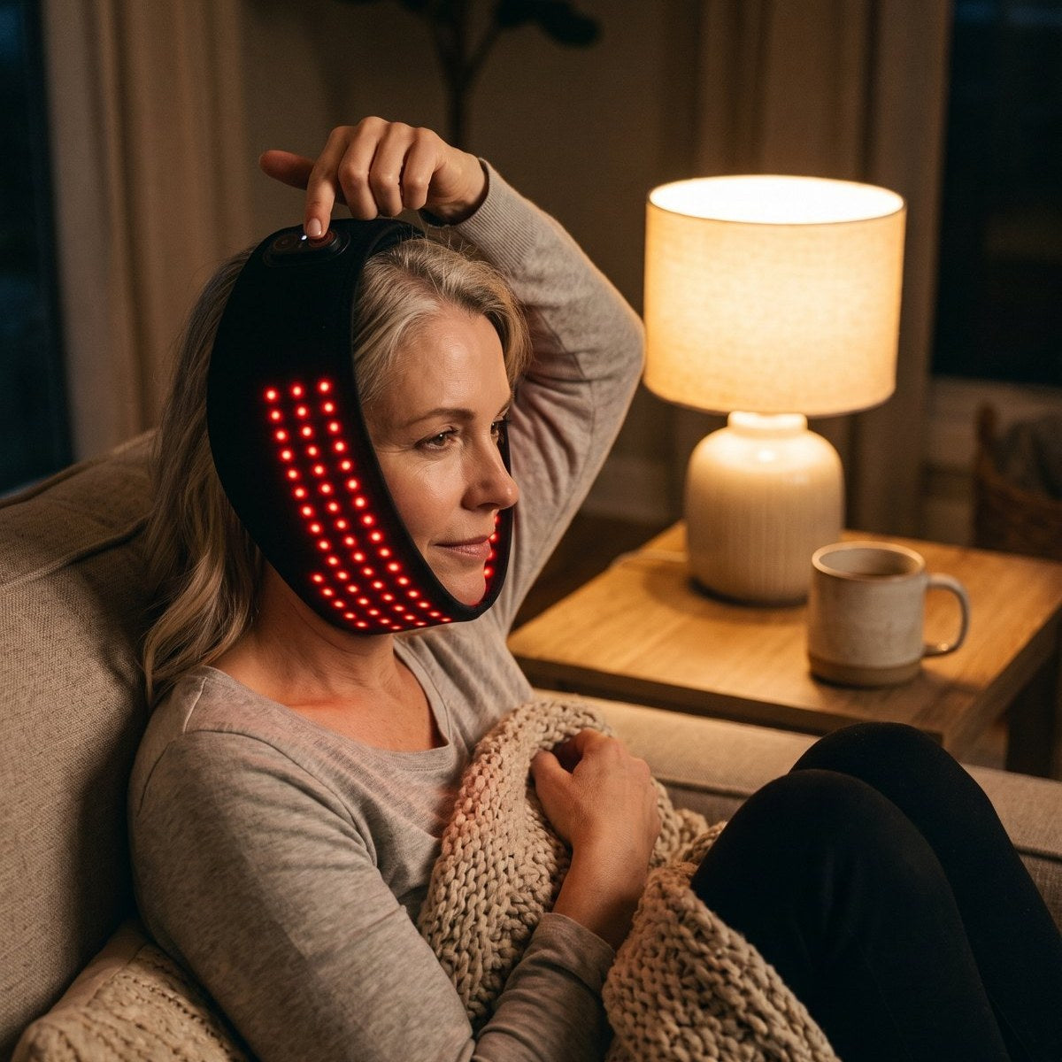 A woman on her sofa under a blanket wearing the jaw pad, one hand on top of her head.