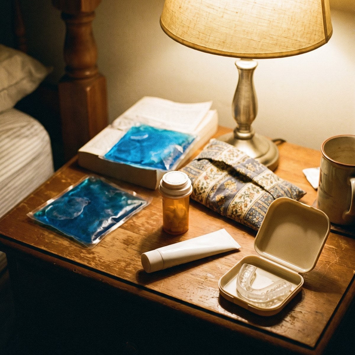 A nightstand by lamp light holding gel heat packs, a wheat bag, a pill bottle and a night guard case.