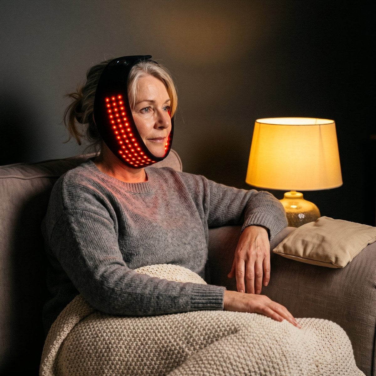 A woman on a sofa in the evening under a blanket, wearing the lit jaw pad, a heat pack set down on the arm of the sofa beside her.