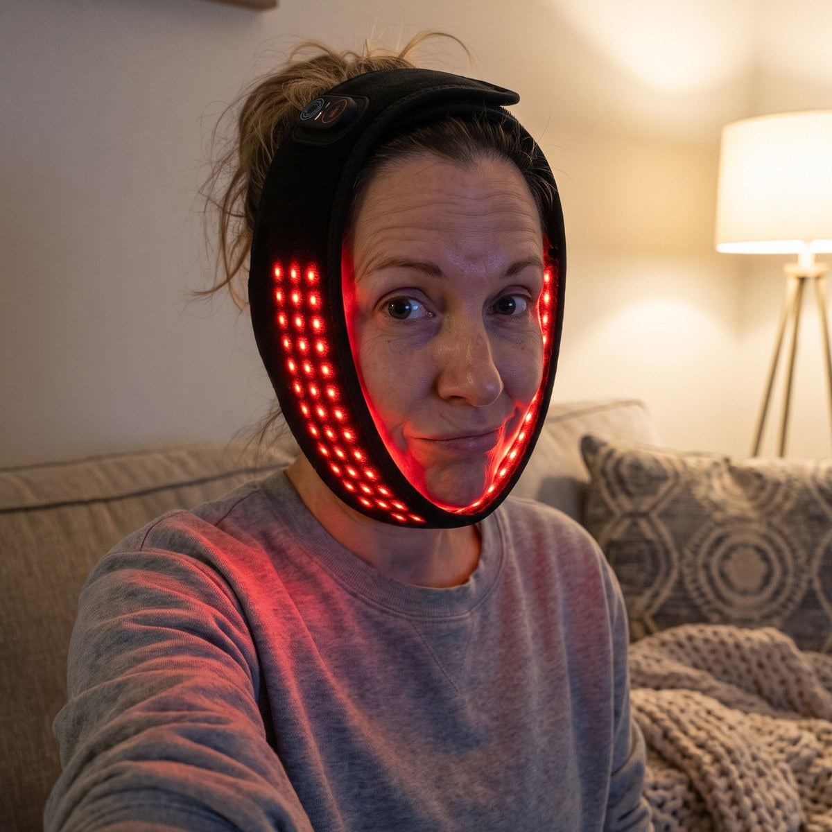 A woman on her sofa in the evening taking a selfie with the lit jaw pad on